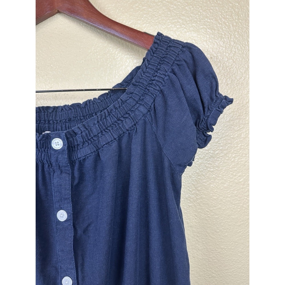 LOFT Navy Button Down Dress S Linen Blend Off The Shoulder Short Sleeve Woven - Picture 2 of 6